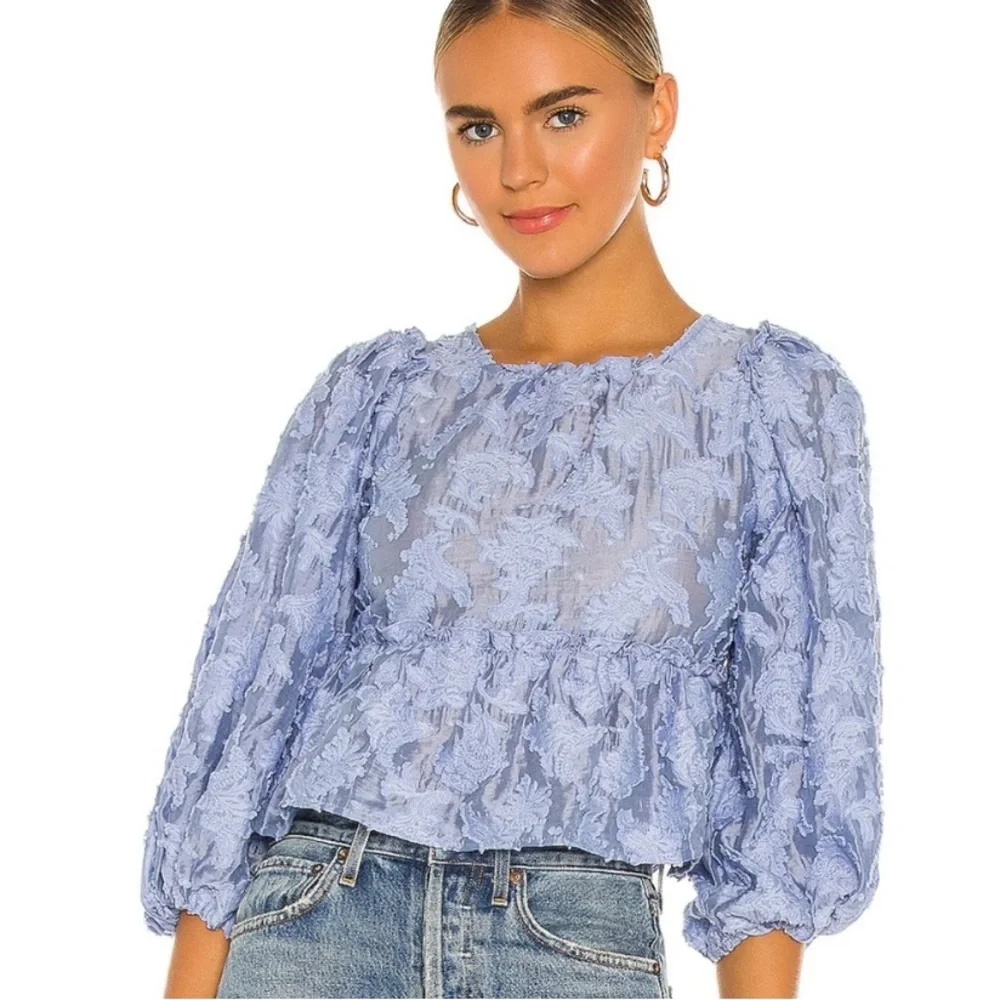 Free People Callie Balloon Sleeve Open Back Textured Blouse - Picture 2 of 16